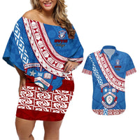 Custom Apifoou College Couples Matching Off Shoulder Short Dress and Hawaiian Shirt Tongan Kupesi Pattern LT05 Blue - Polynesian Pride