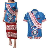 Custom Apifoou College Couples Matching Puletasi Dress and Hawaiian Shirt Tongan Kupesi Pattern LT05 Blue - Polynesian Pride