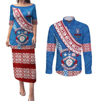 Custom Apifoou College Couples Matching Puletasi Dress and Long Sleeve Button Shirts Tongan Kupesi Pattern LT05 Blue - Polynesian Pride