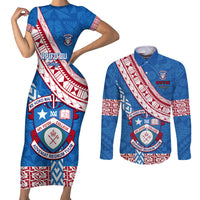 Custom Apifoou College Couples Matching Short Sleeve Bodycon Dress and Long Sleeve Button Shirts Tongan Kupesi Pattern LT05 Blue - Polynesian Pride