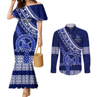 Custom Queen Salote College Couples Matching Mermaid Dress and Long Sleeve Button Shirts Tongan Kupesi Pattern LT05 Blue - Polynesian Pride