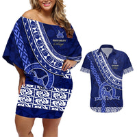 Custom Queen Salote College Couples Matching Off Shoulder Short Dress and Hawaiian Shirt Tongan Kupesi Pattern LT05 Blue - Polynesian Pride