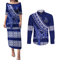 Custom Queen Salote College Couples Matching Puletasi Dress and Long Sleeve Button Shirts Tongan Kupesi Pattern LT05 Blue - Polynesian Pride