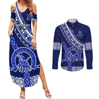 Custom Queen Salote College Couples Matching Summer Maxi Dress and Long Sleeve Button Shirts Tongan Kupesi Pattern LT05 Blue - Polynesian Pride