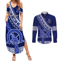 Custom Queen Salote College Couples Matching Summer Maxi Dress and Long Sleeve Button Shirts Tongan Kupesi Pattern LT05 Blue - Polynesian Pride