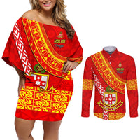 Custom Kolisi Tonga Couples Matching Off Shoulder Short Dress and Long Sleeve Button Shirts Tongan Kupesi Pattern LT05 Red - Polynesian Pride