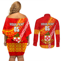 Custom Kolisi Tonga Couples Matching Off Shoulder Short Dress and Long Sleeve Button Shirts Tongan Kupesi Pattern LT05 - Polynesian Pride