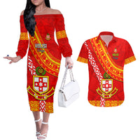 Custom Kolisi Tonga Couples Matching Off The Shoulder Long Sleeve Dress and Hawaiian Shirt Tongan Kupesi Pattern LT05 Red - Polynesian Pride