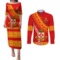 Custom Kolisi Tonga Couples Matching Puletasi Dress and Long Sleeve Button Shirts Tongan Kupesi Pattern LT05 Red - Polynesian Pride