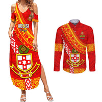 Custom Kolisi Tonga Couples Matching Summer Maxi Dress and Long Sleeve Button Shirts Tongan Kupesi Pattern LT05 Red - Polynesian Pride