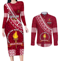 Custom Beulah College Couples Matching Long Sleeve Bodycon Dress and Long Sleeve Button Shirts Tongan Kupesi Pattern LT05 Red - Polynesian Pride