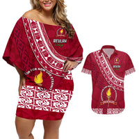 Custom Beulah College Couples Matching Off Shoulder Short Dress and Hawaiian Shirt Tongan Kupesi Pattern LT05 Red - Polynesian Pride