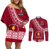 Custom Beulah College Couples Matching Off Shoulder Short Dress and Long Sleeve Button Shirts Tongan Kupesi Pattern LT05 Red - Polynesian Pride