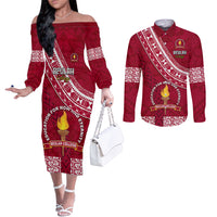 Custom Beulah College Couples Matching Off The Shoulder Long Sleeve Dress and Long Sleeve Button Shirts Tongan Kupesi Pattern LT05 Red - Polynesian Pride