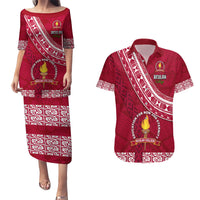 Custom Beulah College Couples Matching Puletasi Dress and Hawaiian Shirt Tongan Kupesi Pattern LT05 Red - Polynesian Pride