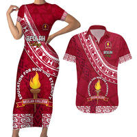 Custom Beulah College Couples Matching Short Sleeve Bodycon Dress and Hawaiian Shirt Tongan Kupesi Pattern LT05 Red - Polynesian Pride