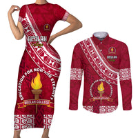 Custom Beulah College Couples Matching Short Sleeve Bodycon Dress and Long Sleeve Button Shirts Tongan Kupesi Pattern LT05 Red - Polynesian Pride