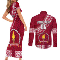 Custom Beulah College Couples Matching Short Sleeve Bodycon Dress and Long Sleeve Button Shirts Tongan Kupesi Pattern LT05 - Polynesian Pride