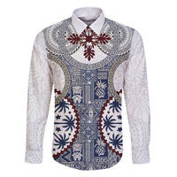 Hawaii Family Matching Tank Maxi Dress and Hawaiian Shirt Barkcloth Pattern Vintage Style LT05 Dad's Shirt - Long Sleeve Blue - Polynesian Pride