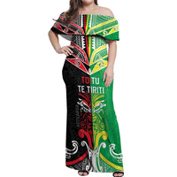 Cook Islands And Aotearoa Off Shoulder Maxi Dress Together For Te Tiriti O Waitangi LT05 Women Black - Polynesian Pride