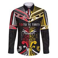 Niue And Aotearoa Family Matching Off The Shoulder Long Sleeve Dress and Hawaiian Shirt Together For Te Tiriti O Waitangi LT05 Dad's Shirt - Long Sleeve Black - Polynesian Pride