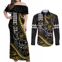 Hawaii Ikaika Warrior Helmet Couples Matching Off Shoulder Maxi Dress and Long Sleeve Button Shirt Gold Style LT05 Gold - Polynesian Pride