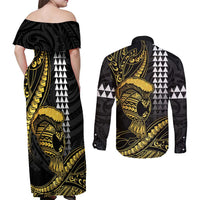 Hawaii Ikaika Warrior Helmet Couples Matching Off Shoulder Maxi Dress and Long Sleeve Button Shirt Gold Style LT05 - Polynesian Pride