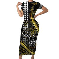 Hawaii Ikaika Warrior Helmet Family Matching Short Sleeve Bodycon Dress and Hawaiian Shirt Gold Style