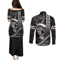 Hawaii Ikaika Warrior Helmet Couples Matching Puletasi and Long Sleeve Button Shirt Black Tribal Tattoo