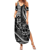 Hawaii Ikaika Warrior Helmet Family Matching Summer Maxi Dress and Hawaiian Shirt Black Tribal Tattoo
