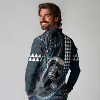Hawaii Ikaika Warrior Helmet Long Sleeve Polo Shirt Blue Tribal Tattoo