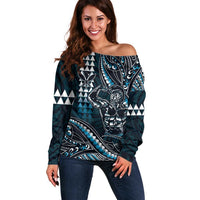 Hawaii Ikaika Warrior Helmet Off Shoulder Sweater Blue Tribal Tattoo