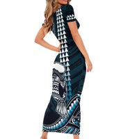 Hawaii Ikaika Warrior Helmet Short Sleeve Bodycon Dress Blue Tribal Tattoo