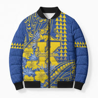 Personalised Hawaii Kaiser High School Bomber Puffer Jacket Tribal Tattoo With Hibiscus Flowers LT05 Unisex Blue - Polynesian Pride