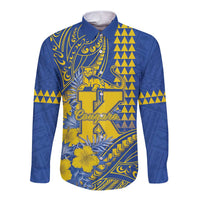 Personalised Hawaii Kaiser High School Long Sleeve Button Shirt Tribal Tattoo With Hibiscus Flowers LT05 Unisex Blue - Polynesian Pride