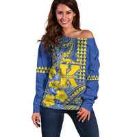 Personalised Hawaii Kaiser High School Off Shoulder Sweater Tribal Tattoo With Hibiscus Flowers LT05 Women Blue - Polynesian Pride