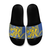 Hawaii Kaiser High School Slide Sandals Tribal Tattoo With Hibiscus Flowers LT05 Blue - Polynesian Pride