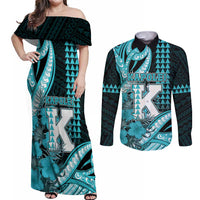 Personalised Hawaii Kapolei High School Couples Matching Off Shoulder Maxi Dress and Long Sleeve Button Shirt Tribal Tattoo With Hibiscus Flowers