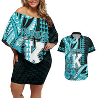 Personalised Hawaii Kapolei High School Couples Matching Off Shoulder Short Dress and Hawaiian Shirt Tribal Tattoo With Hibiscus Flowers