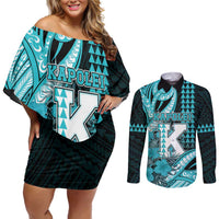 Personalised Hawaii Kapolei High School Couples Matching Off Shoulder Short Dress and Long Sleeve Button Shirt Tribal Tattoo With Hibiscus Flowers