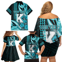Personalised Hawaii Kapolei High School Family Matching Off Shoulder Short Dress and Hawaiian Shirt Tribal Tattoo With Hibiscus Flowers