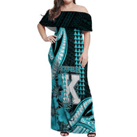 Personalised Hawaii Kapolei High School Off Shoulder Maxi Dress Tribal Tattoo With Hibiscus Flowers LT05 Women Dark Teal - Polynesian Pride