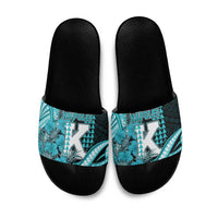 Hawaii Kapolei High School Slide Sandals Tribal Tattoo With Hibiscus Flowers LT05 Dark Teal - Polynesian Pride