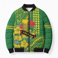 Personalised Hawaii Leilehua High School Bomber Puffer Jacket Tribal Tattoo With Hibiscus Flowers LT05 Unisex Green - Polynesian Pride