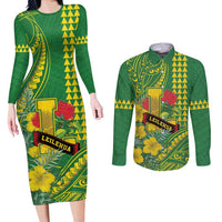 Personalised Hawaii Leilehua High School Couples Matching Long Sleeve Bodycon Dress and Long Sleeve Button Shirt Tribal Tattoo With Hibiscus Flowers