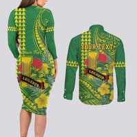 Personalised Hawaii Leilehua High School Couples Matching Long Sleeve Bodycon Dress and Long Sleeve Button Shirt Tribal Tattoo With Hibiscus Flowers