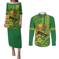 Personalised Hawaii Leilehua High School Couples Matching Puletasi and Long Sleeve Button Shirt Tribal Tattoo With Hibiscus Flowers