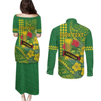 Personalised Hawaii Leilehua High School Couples Matching Puletasi and Long Sleeve Button Shirt Tribal Tattoo With Hibiscus Flowers