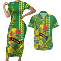 Personalised Hawaii Leilehua High School Couples Matching Short Sleeve Bodycon Dress and Hawaiian Shirt Tribal Tattoo With Hibiscus Flowers