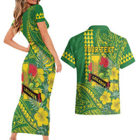Personalised Hawaii Leilehua High School Couples Matching Short Sleeve Bodycon Dress and Hawaiian Shirt Tribal Tattoo With Hibiscus Flowers